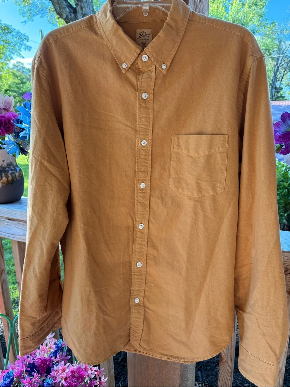 Men’s J. Crew Golden Tan Cotton Long Sleeve Button Down Shirt Size Large Slim